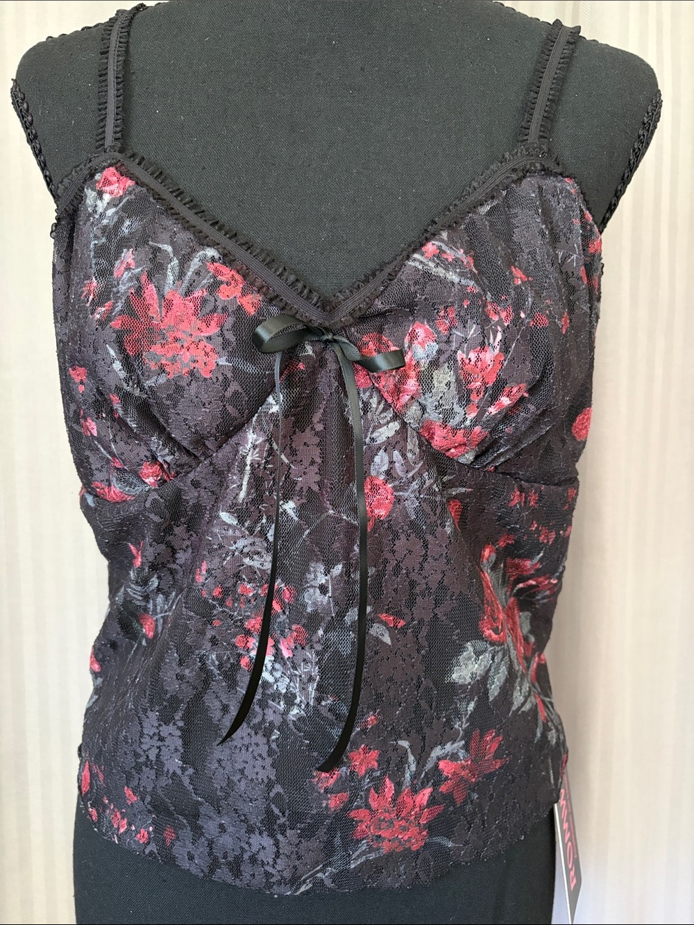 Black Cami with Red Floral Lace Overlay